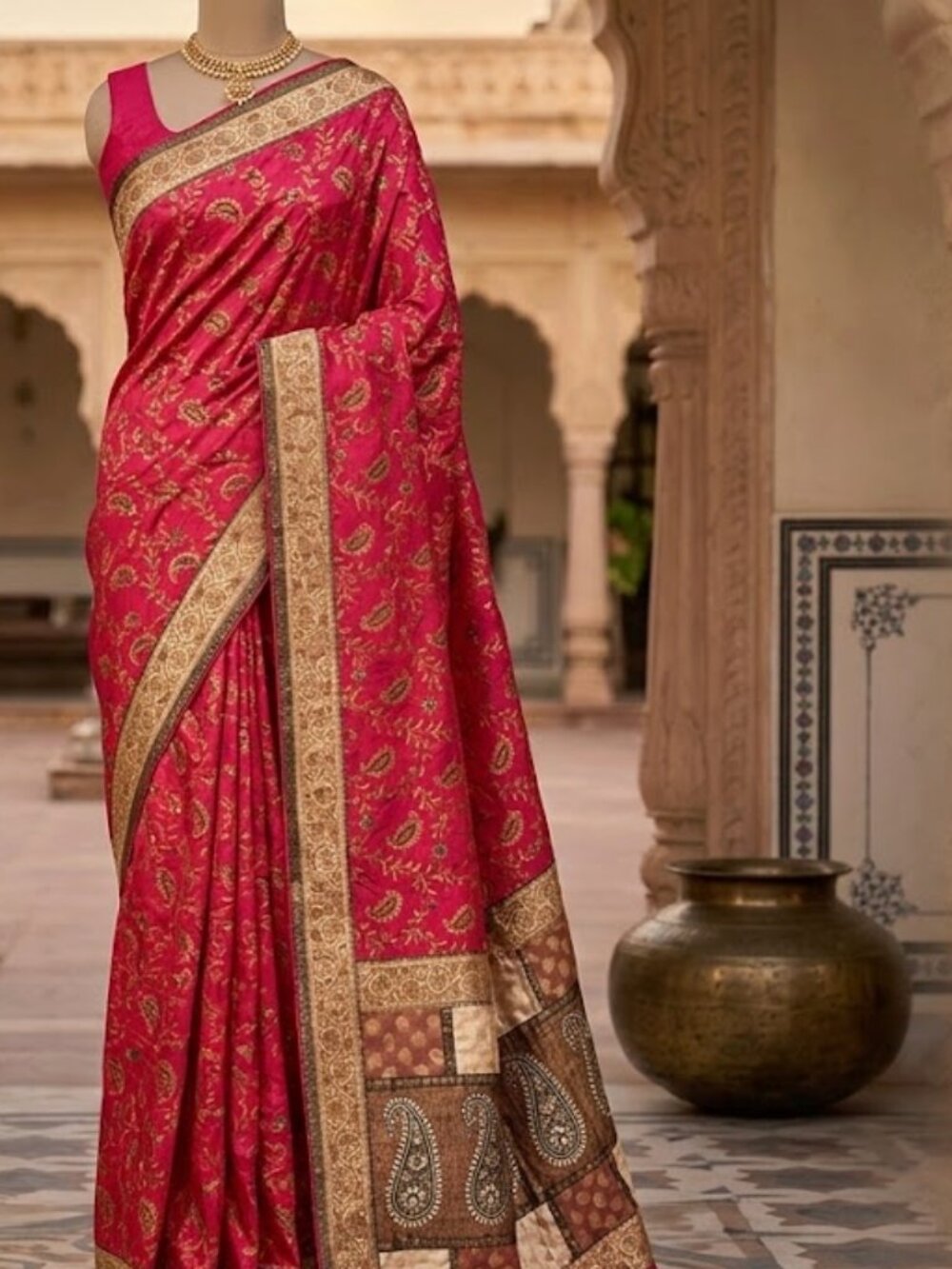Like new Red Gold Paisley Indian Saree Banarasi Style Embroidered Wedding